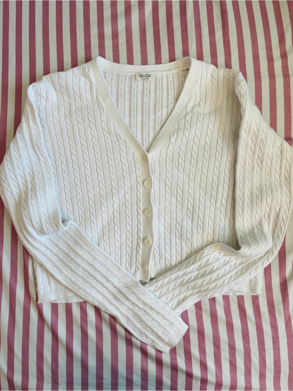 Brandy Melville White Cable Knit V-Neck Button Cardigan